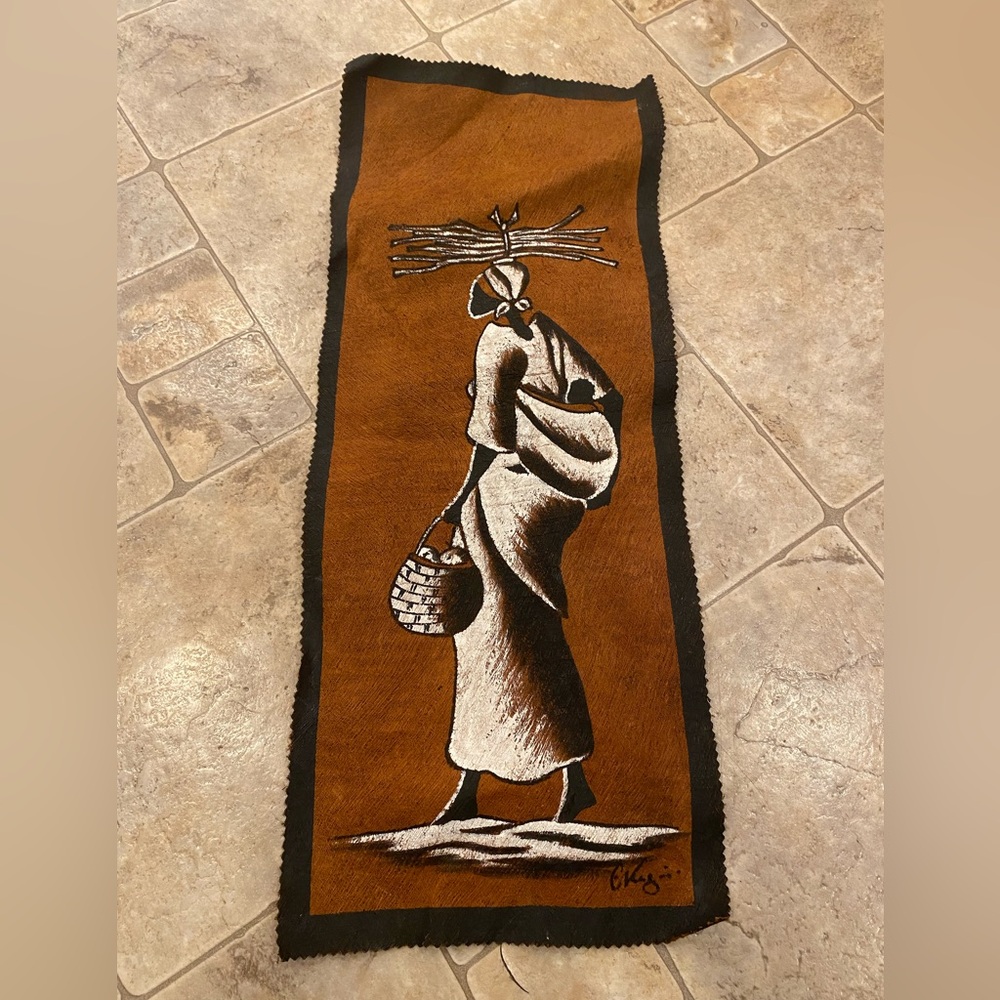 Vintage African Bark Cloth Felt Original Wall Art Signed Tourist Pennant EUC